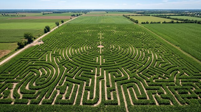 Aerial High Angle View of a Complex Corn Maze in a Vast Green Agricultural Field during Summer