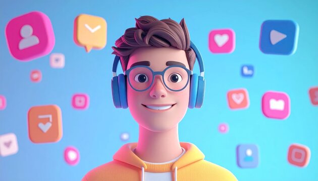 Young man wearing headphones with social media icons.
