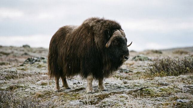 Musk ox standing on frosty Arctic tundra
