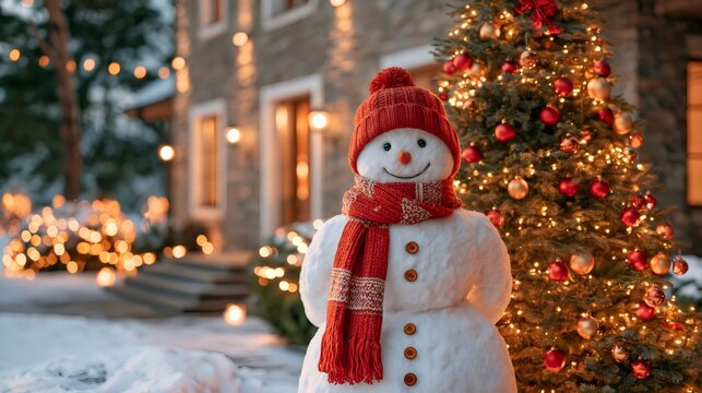 Snowman wearing hat and scarf with Christmas tree lights