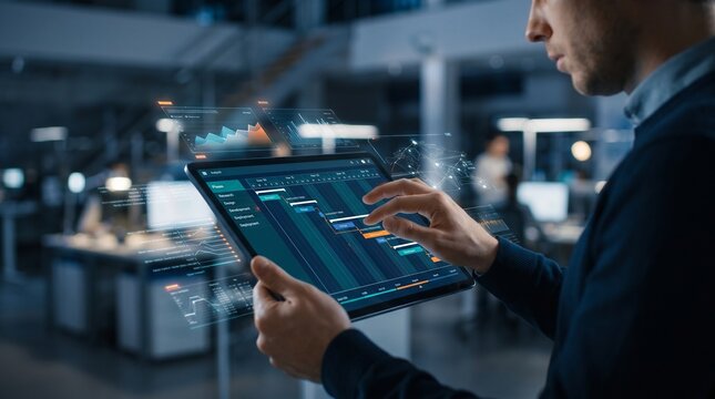 Man using tablet displaying a project timeline with data visualization