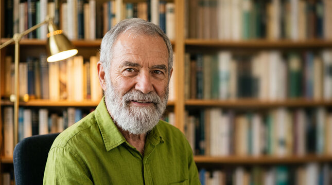Older man in late sixties with full grey beard in bright olive shirt seated in front of blurred bookshelf with warm task light generative AI