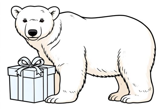 Polar bear standing beside a christmas present