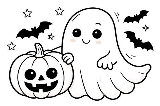 Cute ghost holding jack-o'-lantern for Halloween coloring page