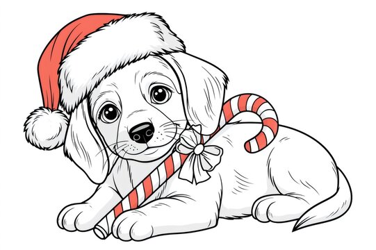 Christmas puppy wearing Santa hat holding candy cane