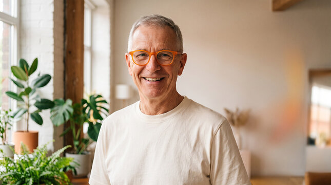 Man in mid sixties with cropped grey hair and bright orange framed glasses in plain cream shirt standing in bright loft with blurred plants generative AI