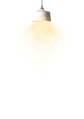 Modern white ceiling lamp hanging down with a warm yellow glowing light beam shining downwards © Rajib