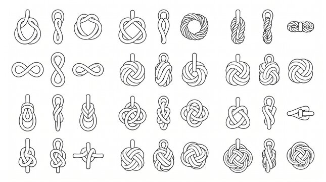 Set of Decorative Nautical Rope Knots and Infinity Symbols Line Art Vector Icons
