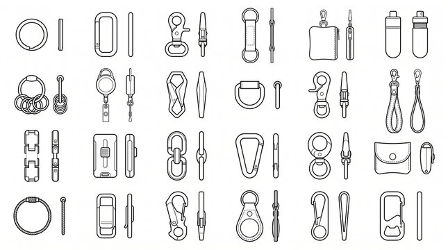 Set of EDC Keychain Accessories and Carabiner Hardware Icons Vector Illustration