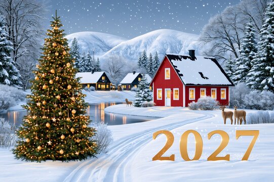 Christmas tree and red house celebrating New Year 2027