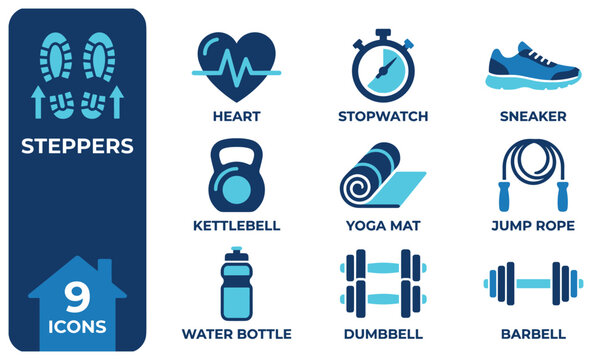 Set of 9 blue and cyan stepper icons for sports and fitness equipment.