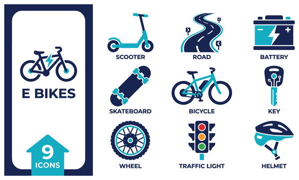 Set of blue and dark blue electric bike icons and symbols for transportation and technology.