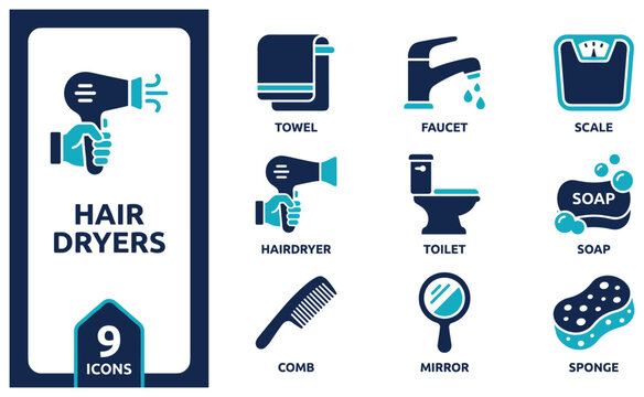 Set of nine bathroom and personal care icons in blue for hygiene and grooming.