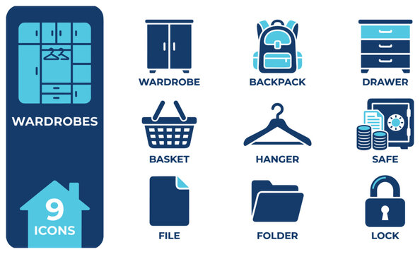 Set of nine blue and navy wardrobe icons for interior design and organization.