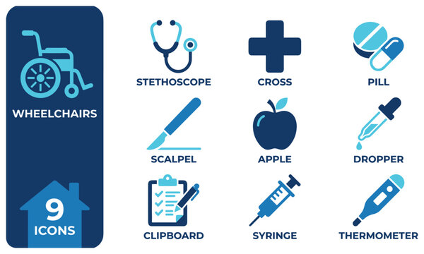 Set of nine healthcare and medical icons in blue for medical services and equipment.