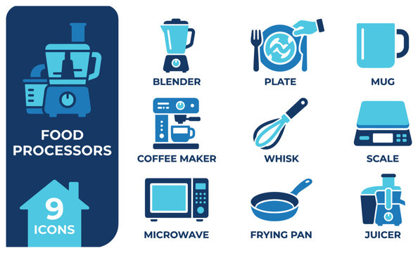 Set of nine kitchen appliance and utensil icons in blue tones for food processing and cooking.