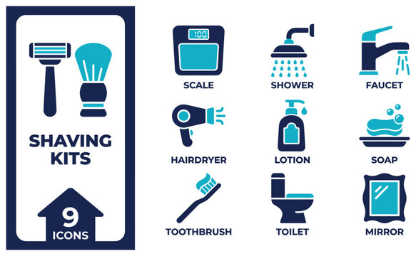 Shaving kit icons set for personal grooming hygiene and bathroom essentials.