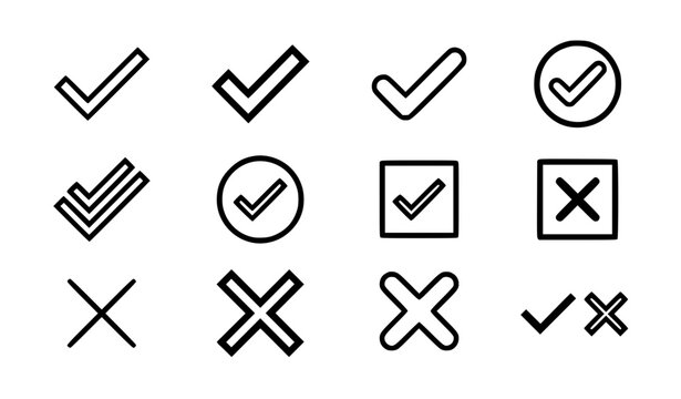 Tick and cross checkmark line icon set editable vector for website app UI and validation design