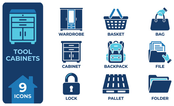 Storage and organization solutions with tool cabinets and household items in blue.