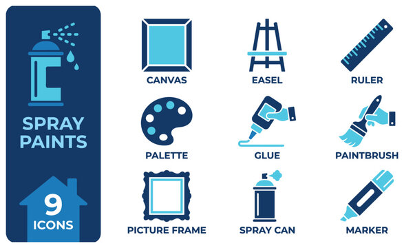 Spray paint icons set with canvas palette and easel for art creation tools.
