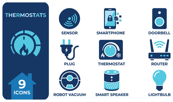 Thermostat control and smart home automation icon pack in blue tones for house interface.