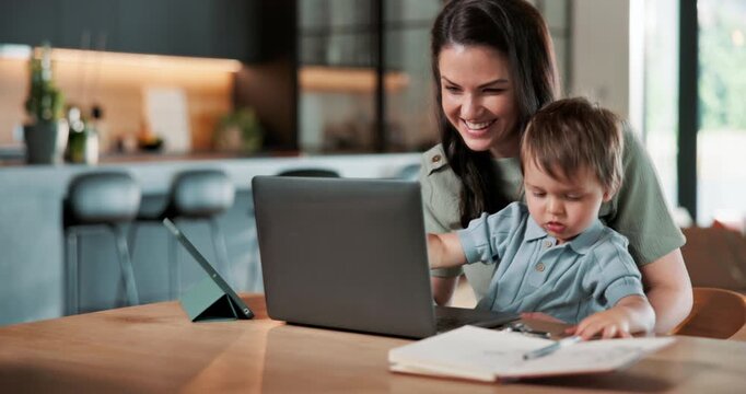 Teaching, child and mom with laptop in home, laughing or online education with son with video on web. Elearning, family and happy woman with tech, bonding and skill development for toddler in house