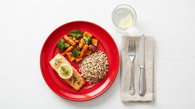 Healthy salmon meal served on a red plate
