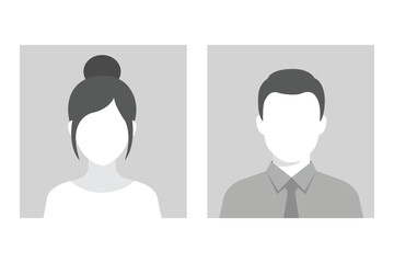 Fototapeta premium Professional user profile avatar square placeholder vector icon set, isolated white background template with faceless businessman in shirt tie and woman with bun hairstyle