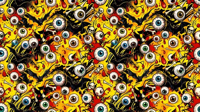 Seamless pattern with scary eyeballs, bats, and bones