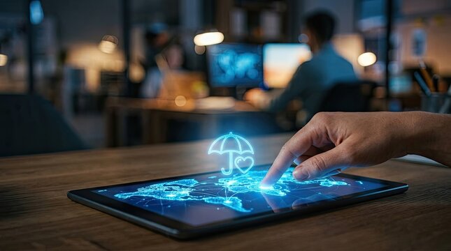 Digital insurance technology conceptual image with globe interface and umbrella icon