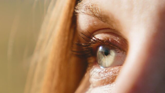 Close-up view of a human eye with natural light shining on it during a sunny day