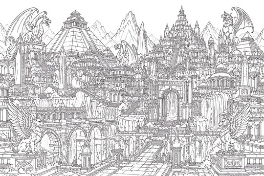 griffin gate, ancient sky city, griffin guardian, mythical griffin, fantasy gate, sky city, ancient city, celestial city, mythical city, fantasy architecture, ancient architecture, monumental gate, gu