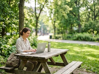 Fototapeta premium Smiling brunette woman sitting at a wooden picnic table in a lush green park working on a laptop computer with a backpack, notebook, and water bottle nearby on a sunny day.
