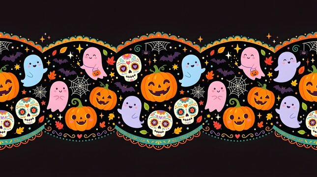 Seamless halloween pattern with ghosts pumpkins and sugar skulls