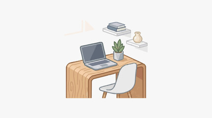 Fototapeta premium Modern Minimalist Wooden Workspace with Laptop Books Plant and Decorative Vase on Light Colored Desk