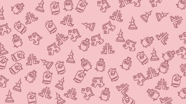 Pink background pattern with line drawings of luggage, backpacks, and travel chess pieces. Perfect for travel blogs, stationery, and travelrelated designs.