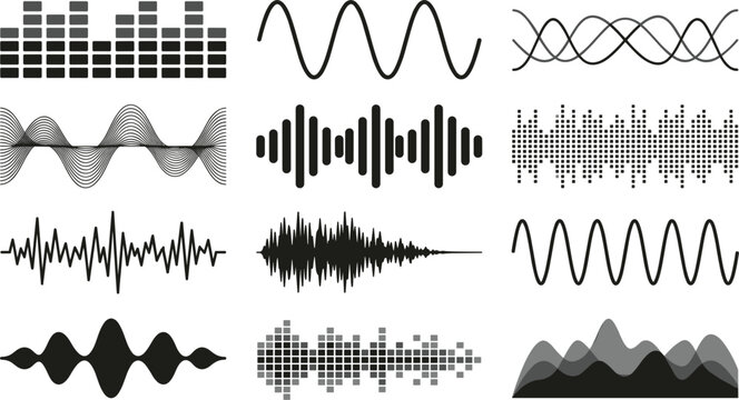 Flat Line and Solid Glyph Audio Sound Wave Music Equalizer Level Grid and Radio Signal Frequency Tracking Icon Set Isolated on White Background