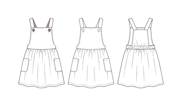 Pinafore dress technical flat sketch silhouette icon set with front and back views, straps, pockets, and gathered skirt.svg