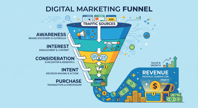Digital marketing funnel: awareness to revenue; acquisition, activation, conversion, retention, monetization metrics.