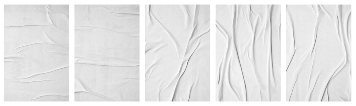 White Crumpled Glued Paper Texture Set Background for Poster Mockup Isolated