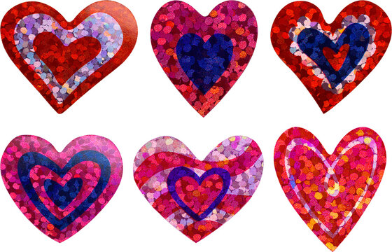 Red Glitter Heart Shape Sticker Set Isolated on White Background
