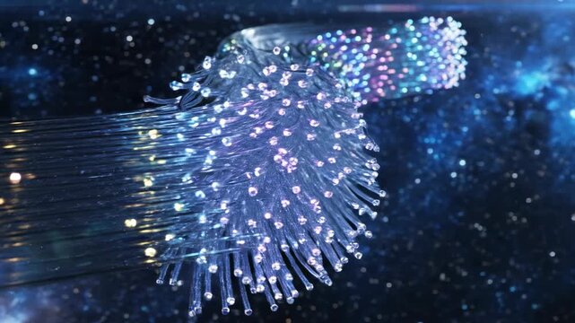 Glowing fiber optic cable bundle transmitting high speed data, fast telecommunication and internet network technology