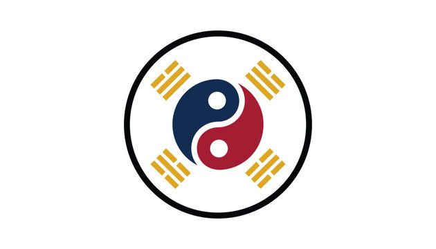 Circular emblem inspired by the South Korean flag featuring the blue and red taegeuk symbol with four gold trigram elements.