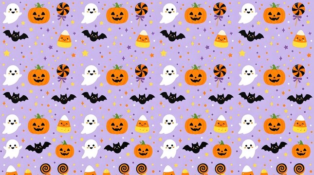 Seamless halloween pattern with pumpkins, ghosts, candy, and bats
