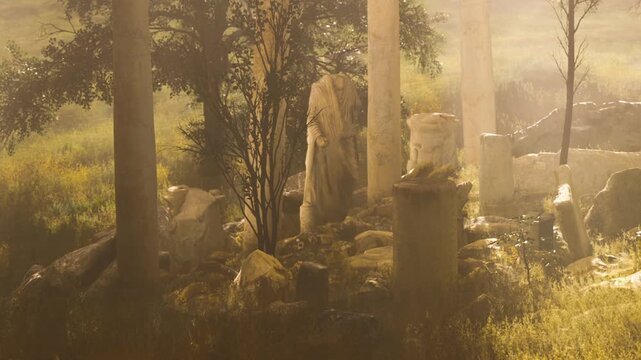 Ruins of tall columns and stone statues stand among trees and grass in a lush landscape. The sun sets in the background, casting warm light on the scene.