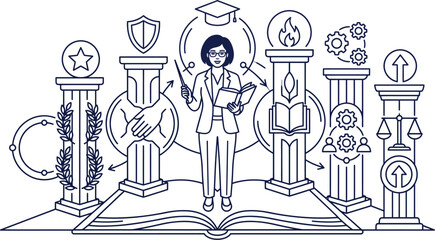 Naklejka premium Teacher standing on open book with educational icons and pillars in line art style