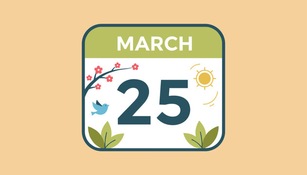 Beautiful spring themed calendar icon displaying march twenty-fifth with colorful blossom branch sun and singing bird.