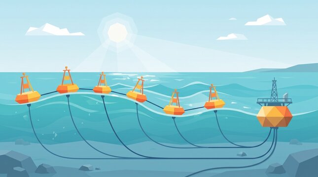 Floating wave energy buoys connected to an offshore electrical hub, converting ocean movement into renewable electricity, representing innovative marine technology and clean power.