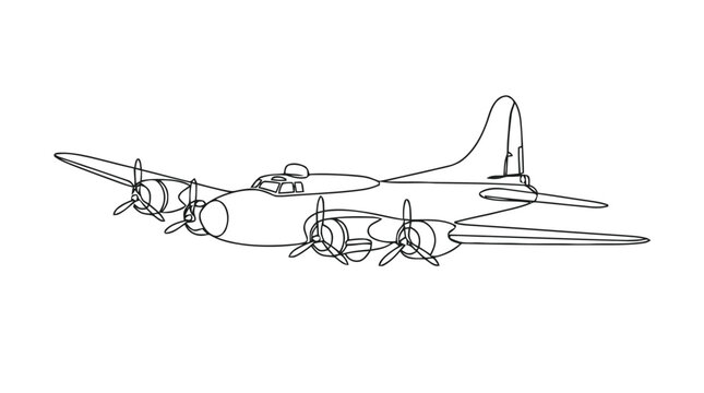Line drawing of a WWII four-engine propeller bomber aircraft in flight, detailed vintage aviation sketch.