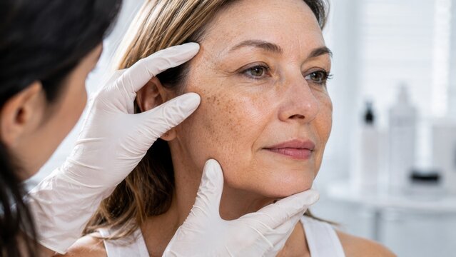 Dermatologist examining mature woman's face skin for moles, aging signs and pigmentation issues.